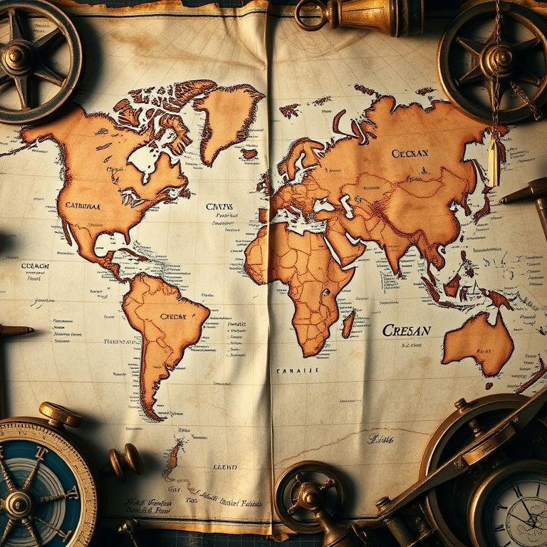 Mapa náutico antigo mostrando a origem dos nomes dos oceanos.