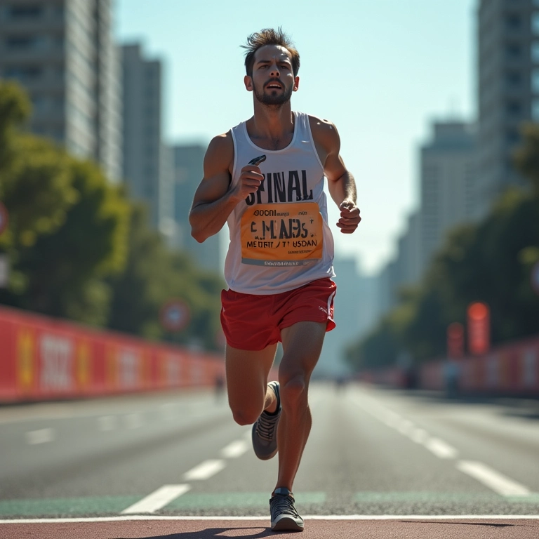 Maratonista exausto, mas determinado, próximo da linha de chegada.
