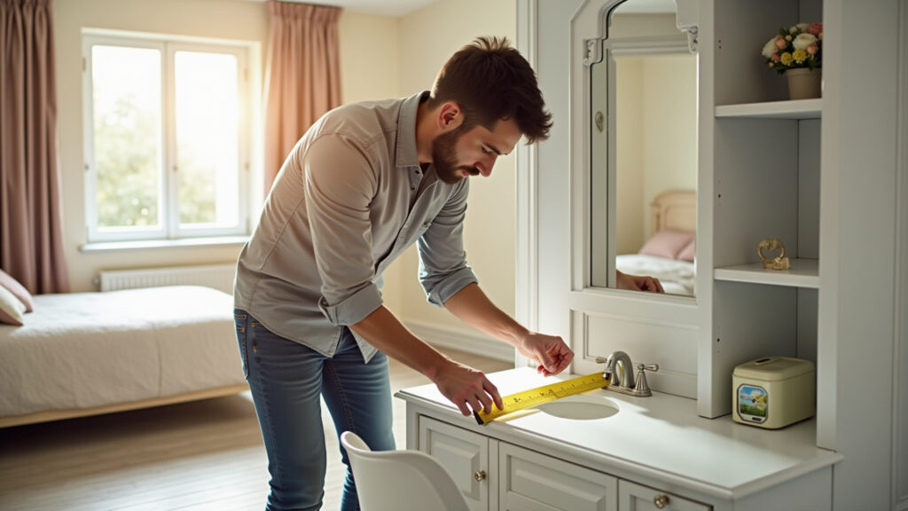 Medindo espaço para penteadeira no quarto.