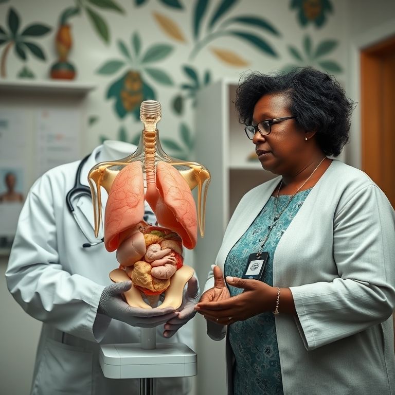 Médico explicando a tuberculose extrapulmonar para paciente em consultório com decoração vibrante.