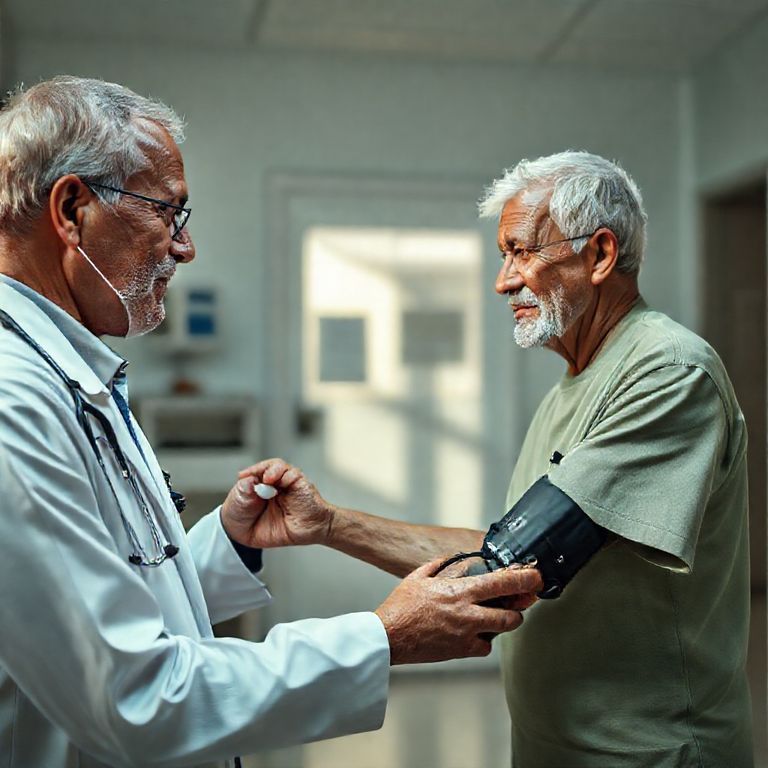 Médico medindo pressão arterial de paciente idoso.