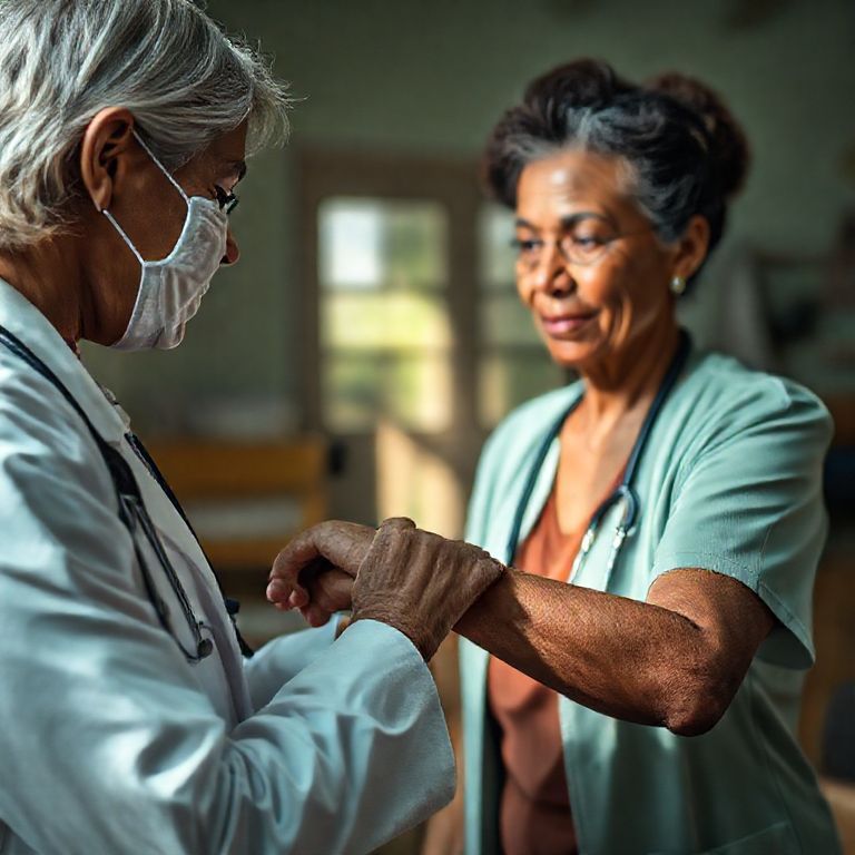 Médico verificando pulso de paciente em consultório.