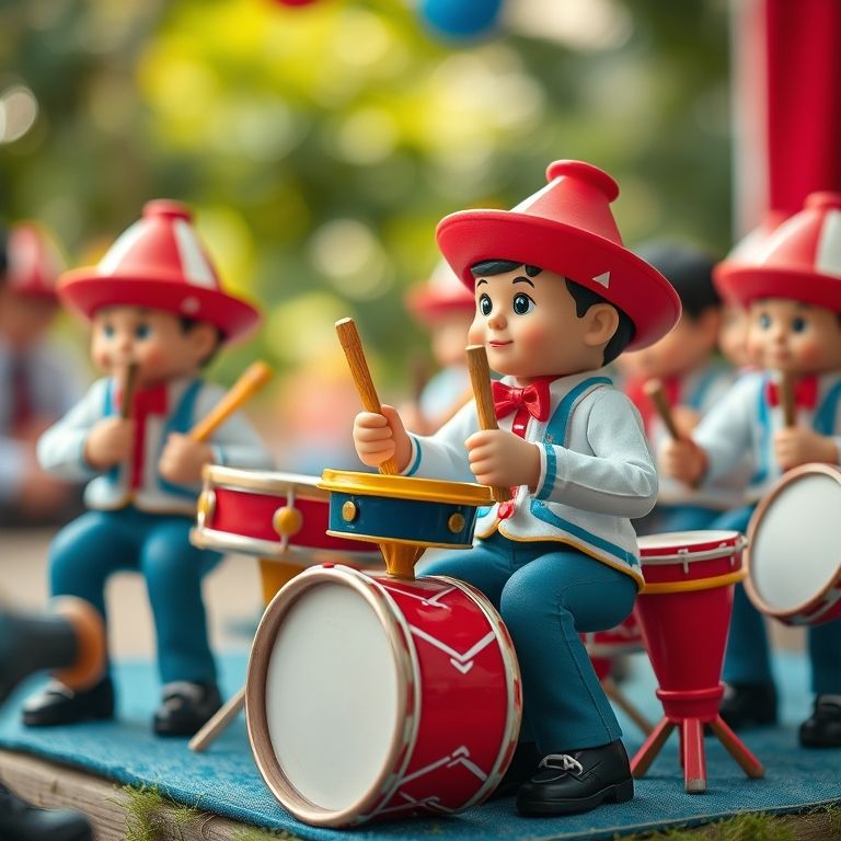 Mini banda de Carnaval com instrumentos musicais de brinquedo em berçário.