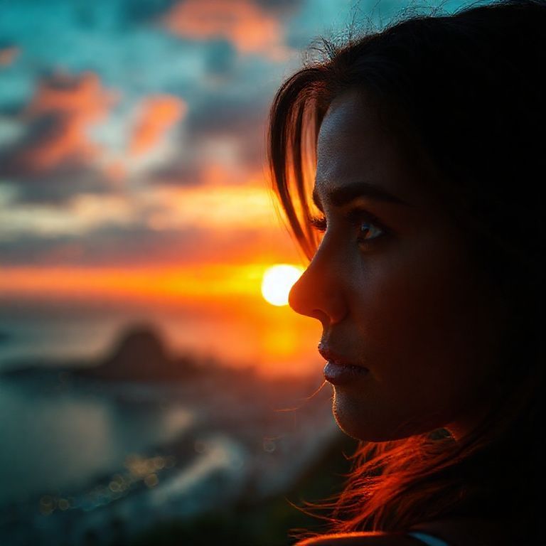 Mulher admirando o pôr do sol vibrante no Rio de Janeiro, focando na visão.