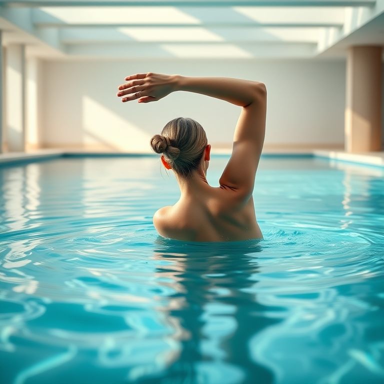 Mulher alongando-se na piscina durante aula de hidroginástica.