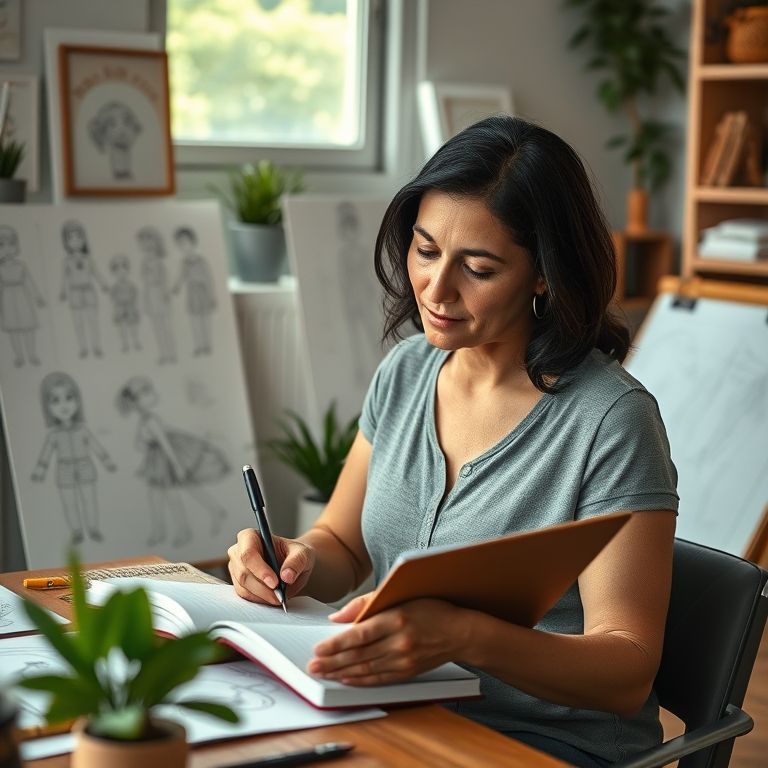Mulher brasileira definindo tema para teatro de fantoches.