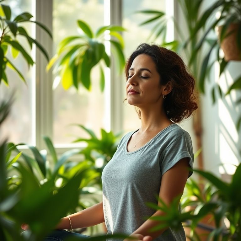 Mulher brasileira meditando em sala iluminada, praticando autoconsciência.