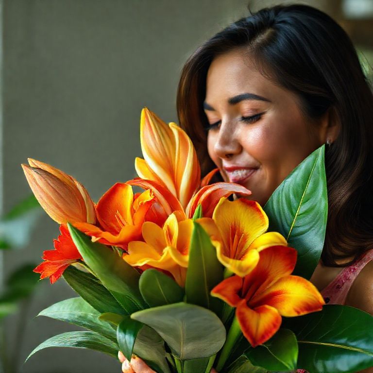 Mulher cheirando um buquê vibrante de flores tropicais.