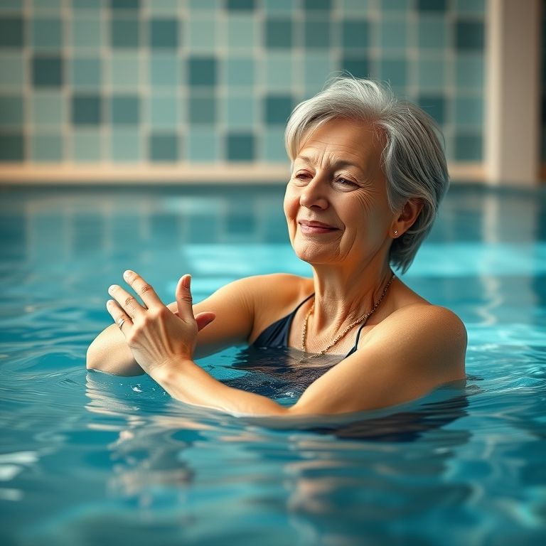 Mulher com artrite aliviando dores nas articulações na hidroginástica.