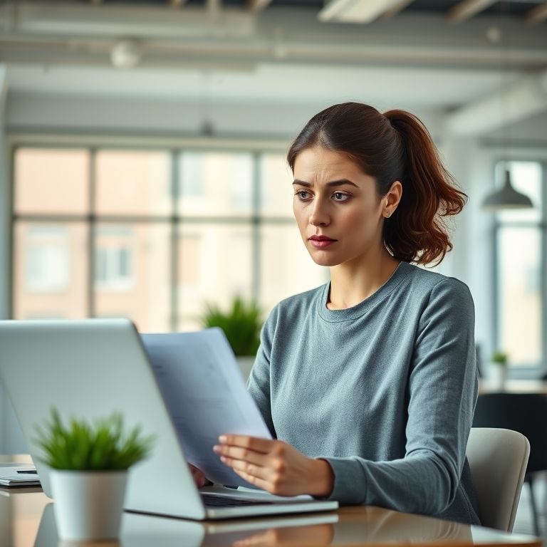 Mulher confusa em co-working editando texto com problemas de colocação pronominal.