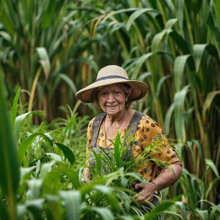 Mulher cuidando de plantação de biomassa em fazenda sustentável.