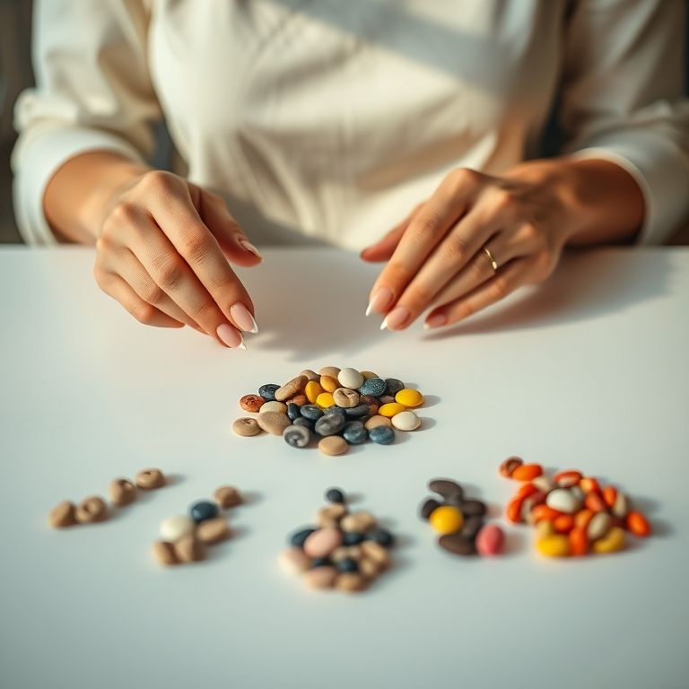 Mulher dividindo objetos em grupos de cinco para exemplificar divisão exata.