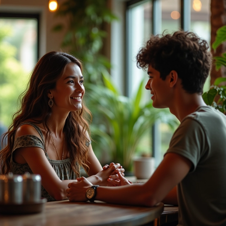 Mulher e jovem conversando com respeito em cafeteria.