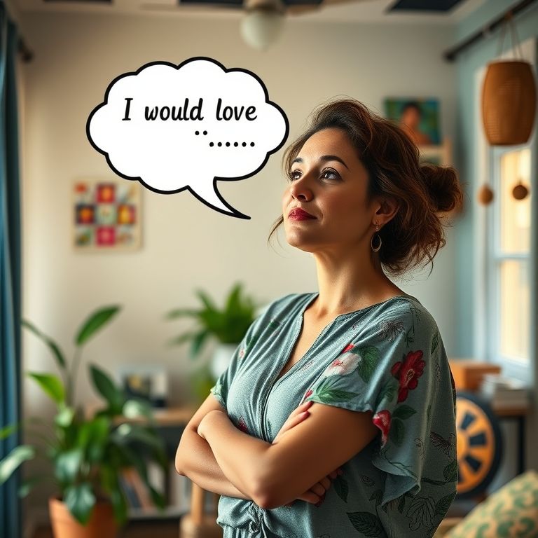 Mulher em casa brasileira vibrante sonhando com nova carreira, balão de pensamento com 'I would love to...' .