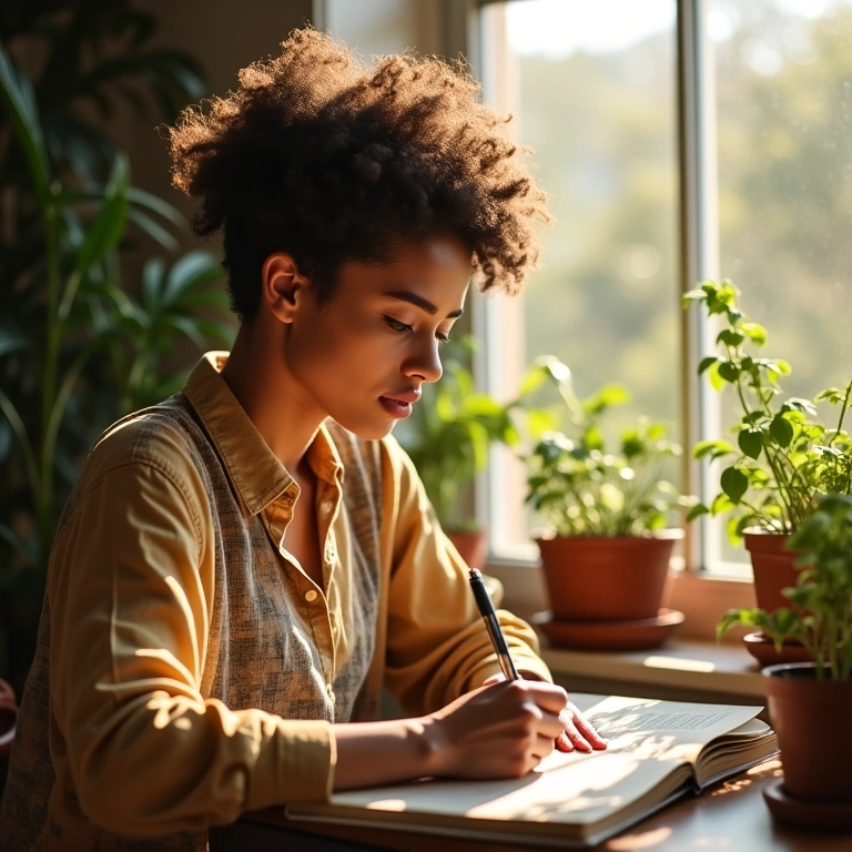 Mulher escrevendo em diário com honestidade refletida no olhar.