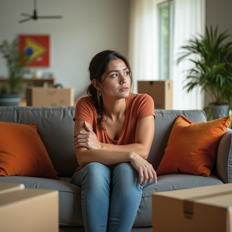 Mulher estressada em um sofá, com caixas ao redor, indicando dificuldades.