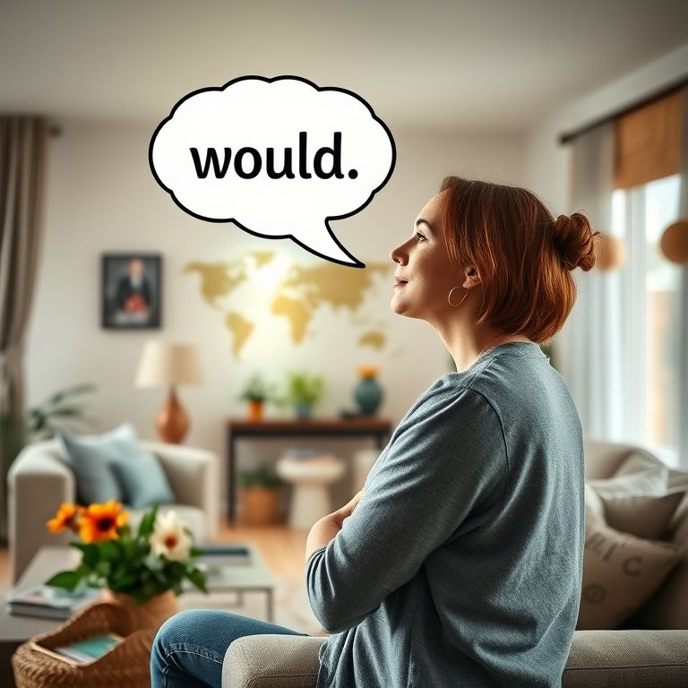Mulher imaginando viagem à Europa em sala aconchegante, balão de pensamento com 'would'.
