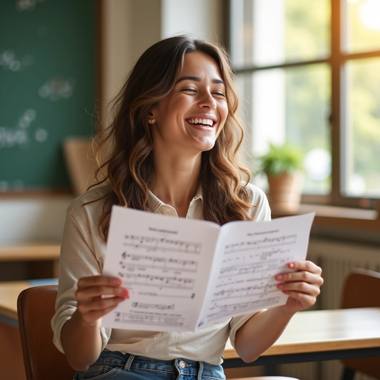 Mulher memorizando fórmula com alegria, transformada em notas musicais.
