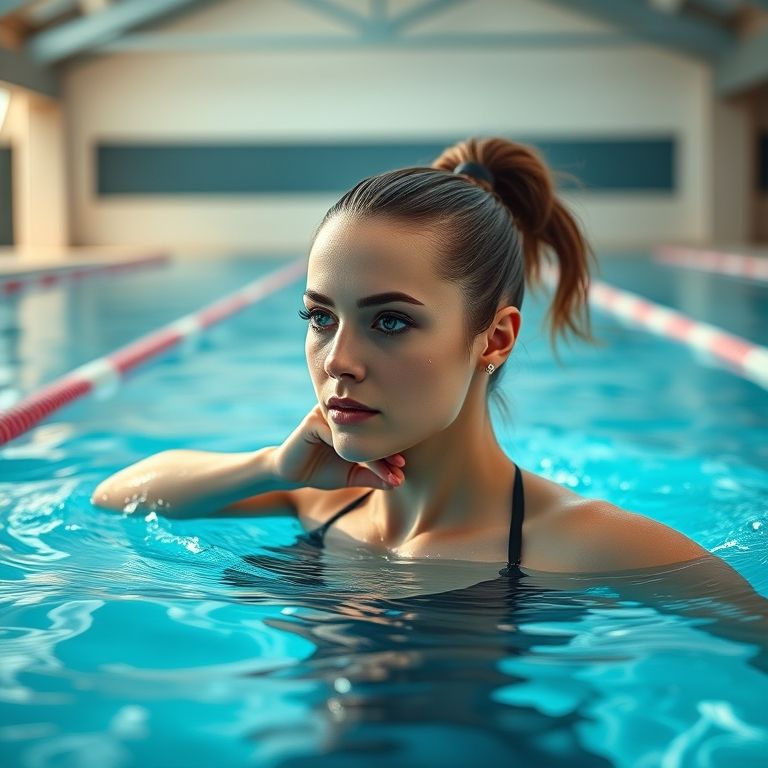 Mulher monitorando frequência cardíaca durante hidroginástica.