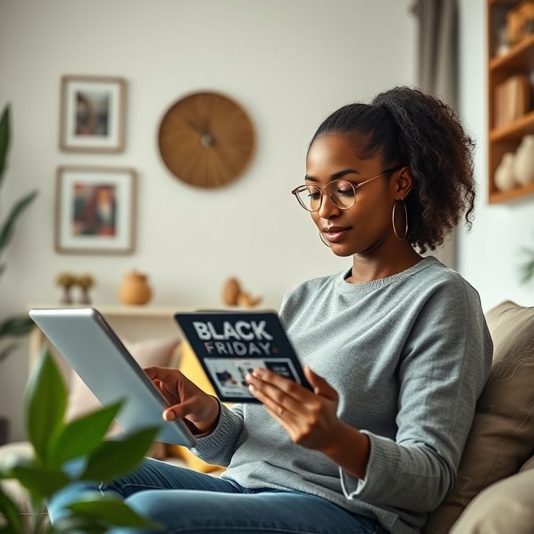 Mulher navegando em ofertas da Black Friday em um tablet, em casa com decoração brasileira.