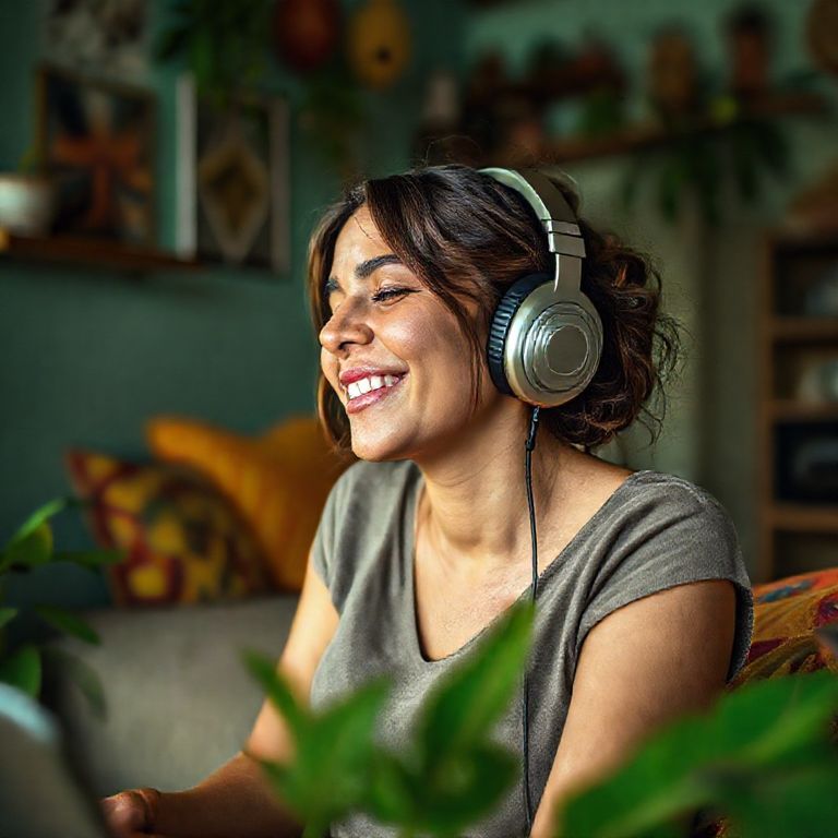 Mulher ouvindo música brasileira com fones de ouvido em apartamento aconchegante.
