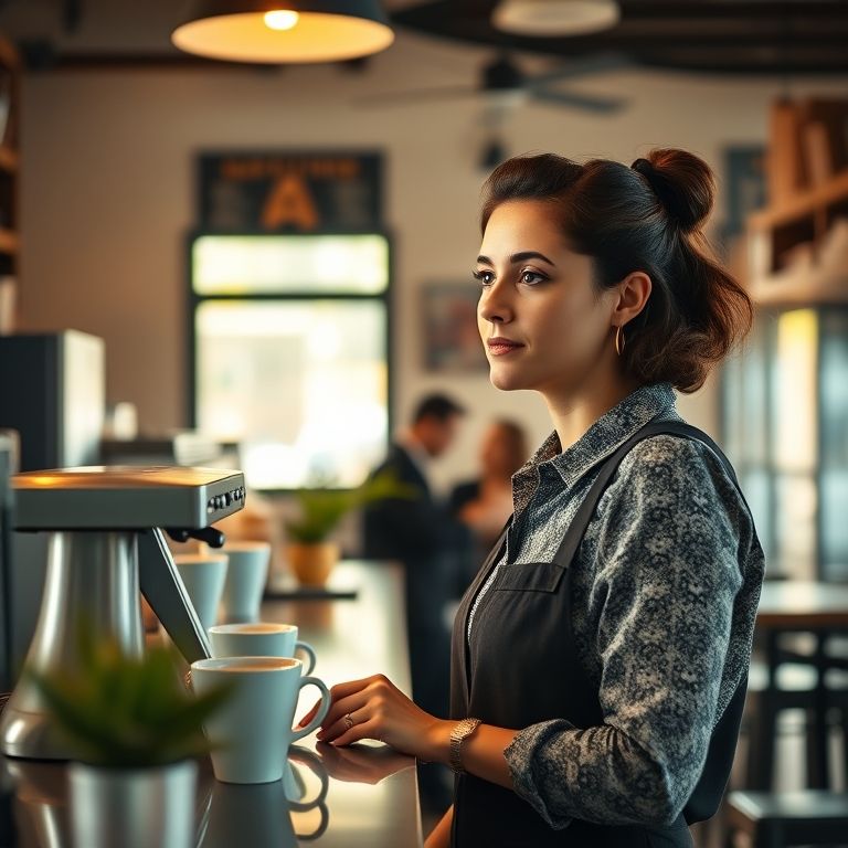 Mulher pedindo café educadamente em balcão, usando 'Would you mind...?'.