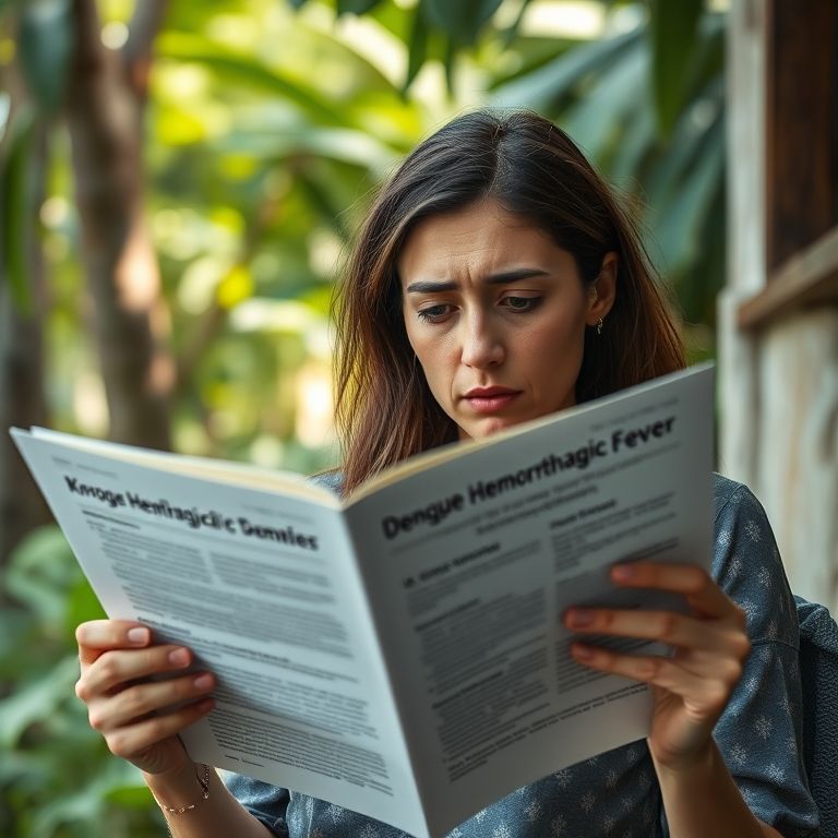 Mulher preocupada lendo sobre a dengue hemorrágica.