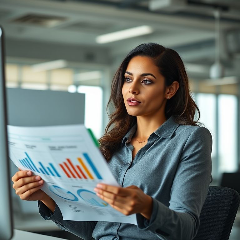 Mulher profissional brasileira analisando dados para tomar uma decisão responsável.