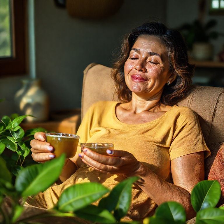 Mulher relaxando com chá de graviola para aliviar problemas digestivos.