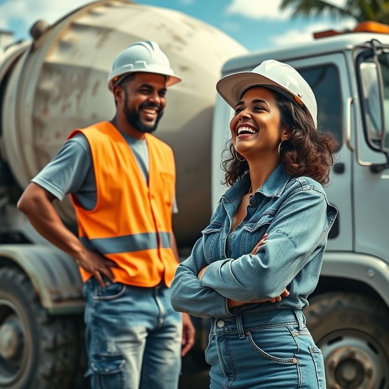 Mulher rindo de pedreiro imitando concreto perto de betoneira.