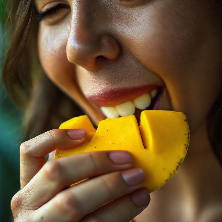 Mulher saboreando uma fatia de manga fresca.