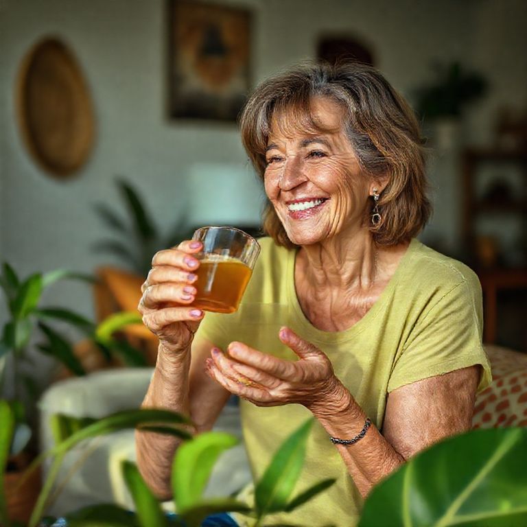 Mulher sorrindo enquanto bebe chá de graviola para fortalecer a imunidade.