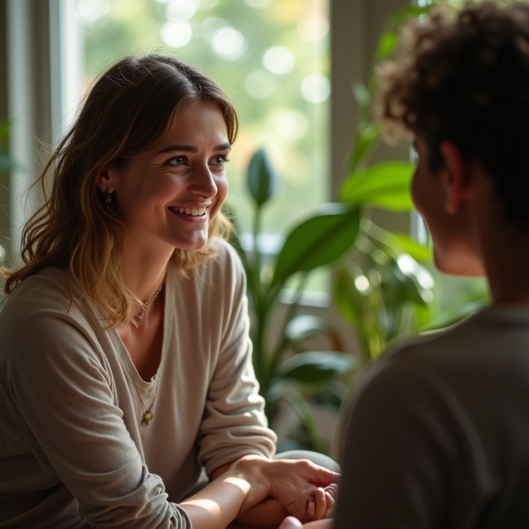 Mulher sorrindo ouve atentamente, transmitindo paciência e empatia.