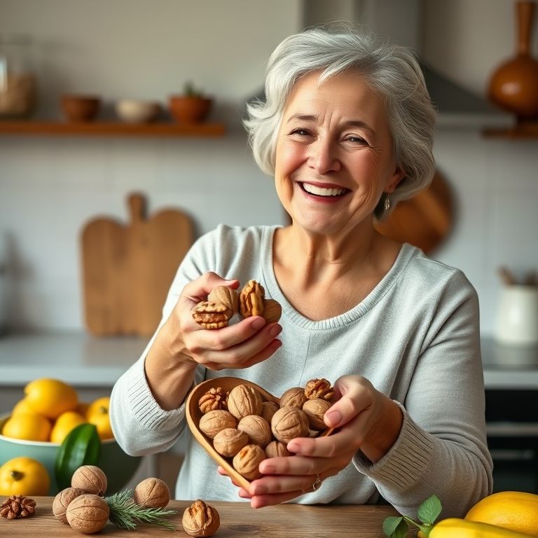 Mulher sorrindo segurando nozes, frutas e um recipiente em formato de coração.