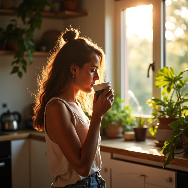 Mulher tomando café em cozinha iluminada, criando rotina matinal tranquila.