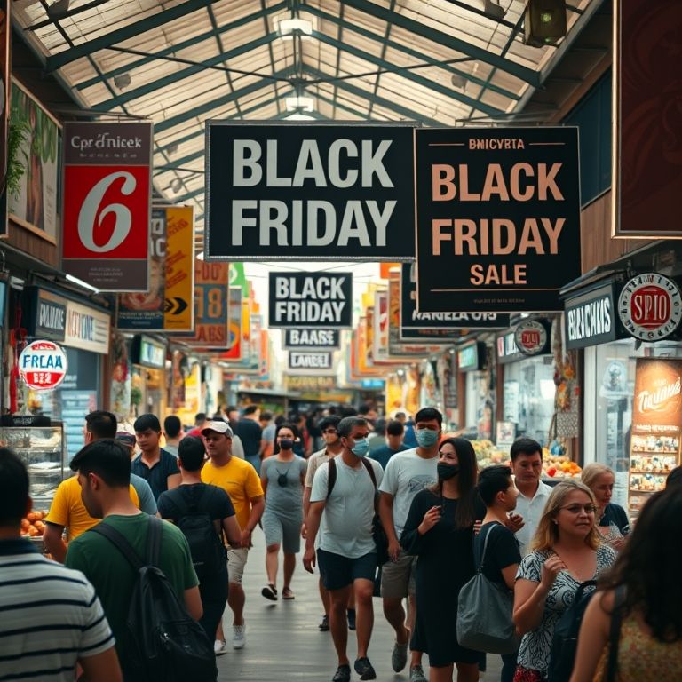 Multidão animada em mercado brasileiro durante a Black Friday, com placas de ofertas e promoções.