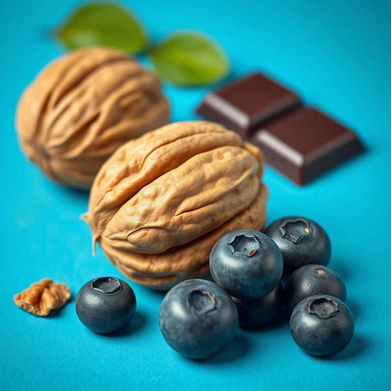 Nozes, mirtilos e chocolate amargo, ricos em antioxidantes.