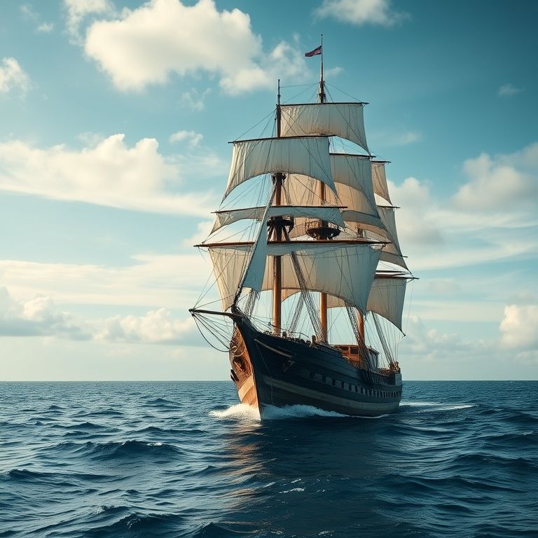 Oceano Atlântico: Navio à vela histórico navegando em águas turbulentas.