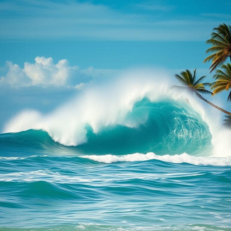 Oceano Pacífico: Onda gigante quebrando em uma praia tropical.