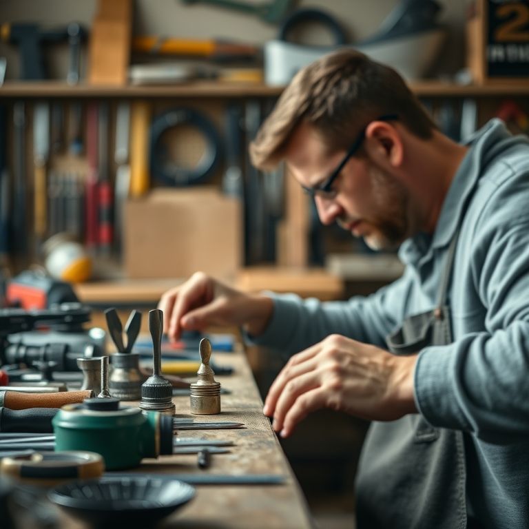 Oficina com ferramentas e materiais organizados em grupos de cinco.