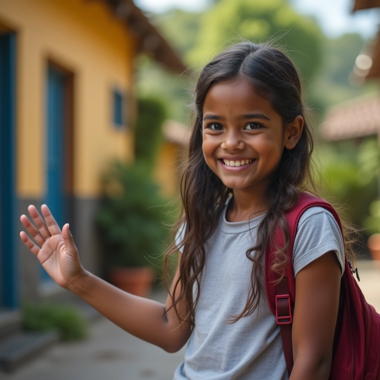 Pai sorrindo acenando em frente à escola, mostrando despedida segura.