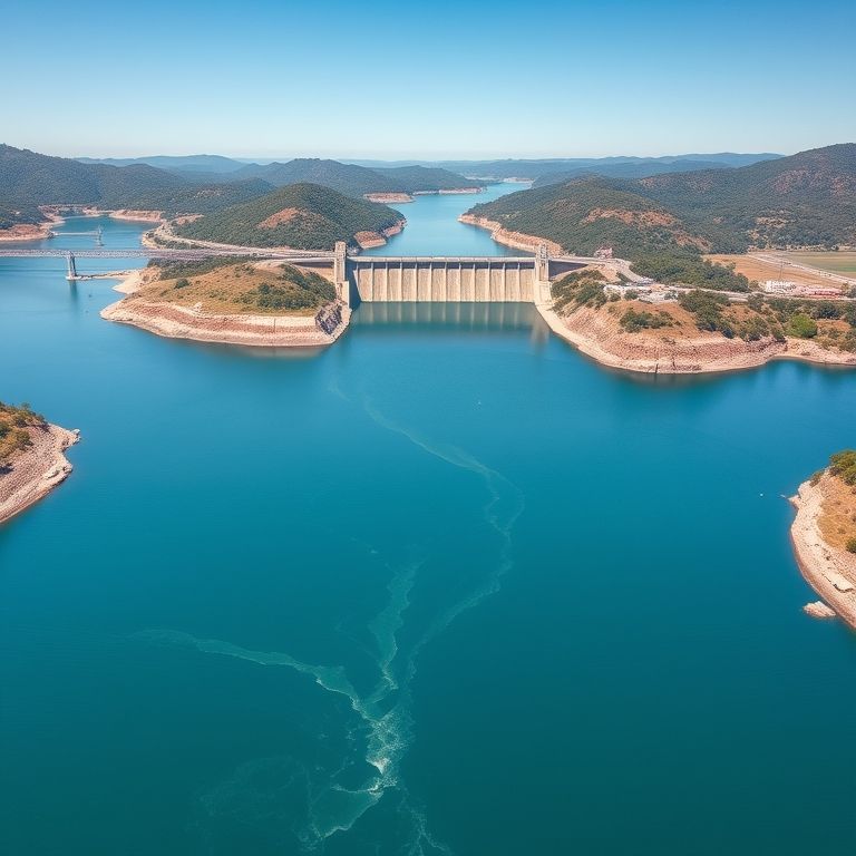 Paisagem do Rio Paraná com usina hidrelétrica.