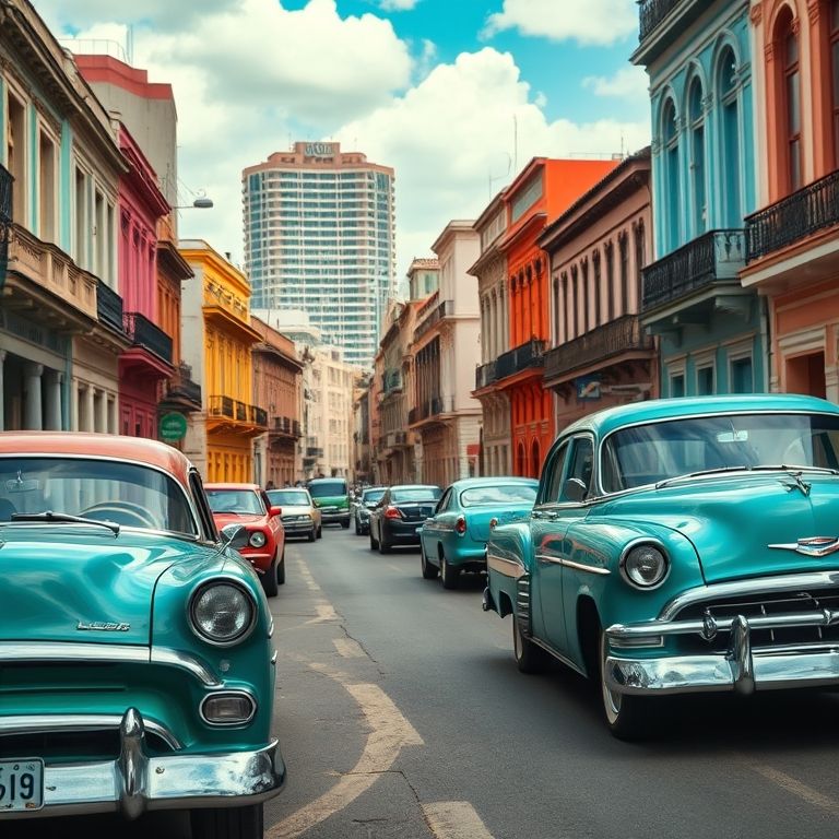 Paisagem urbana de Havana, Cuba, com carros clássicos e edifícios coloridos.