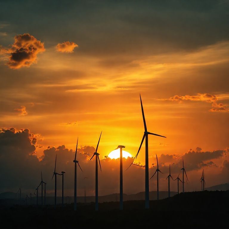 Parque eólico no Rio Grande do Sul com turbinas ao pôr do sol.