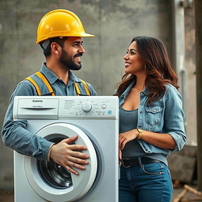 Pedreiro segurando máquina Brastemp e cantando mulher.