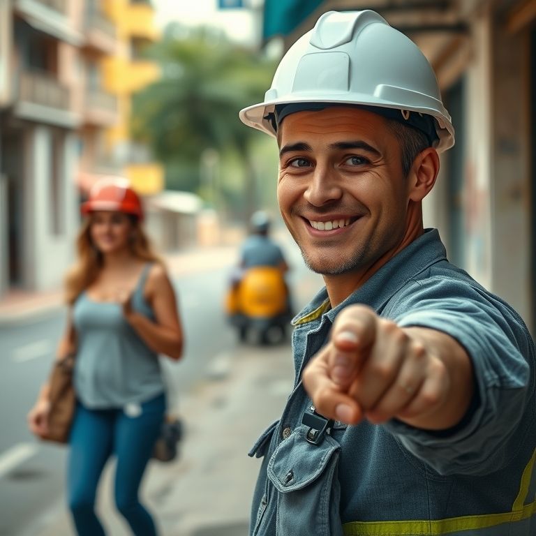 Pedreiro sorrindo e cantando mulher na rua com 'Ô lá em casa!'