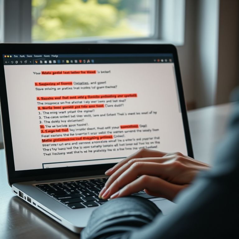 Pessoa digitando em laptop, tela mostra documento com erros de grafia sublinhados em vermelho.