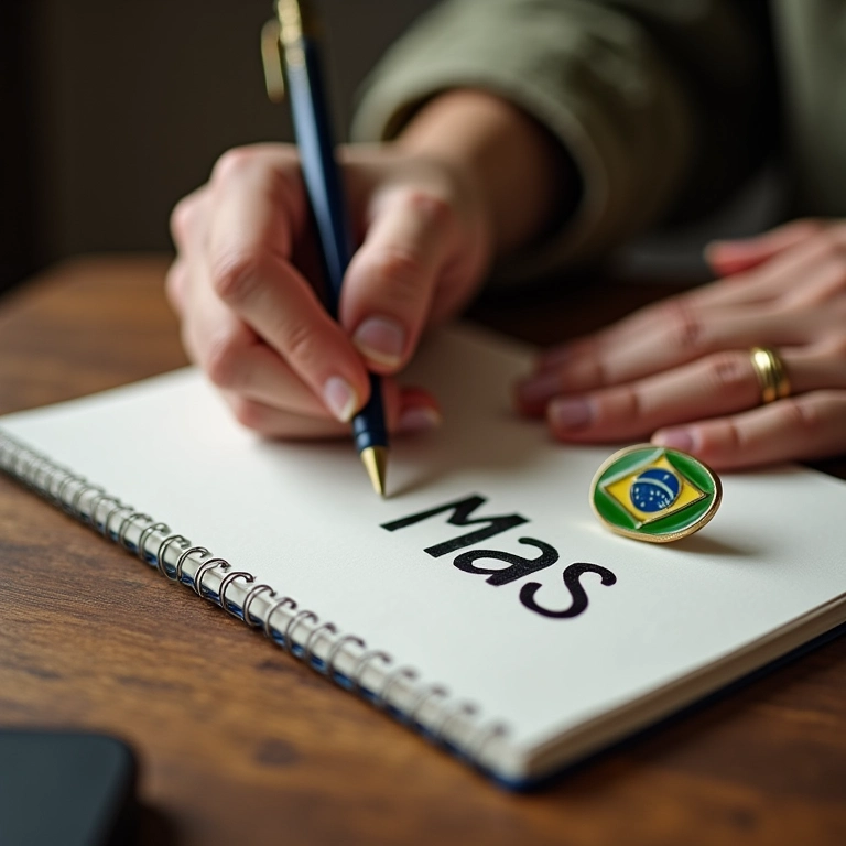 Pessoa escrevendo 'Mas' em um bloco de notas, refletindo sobre o uso correto.