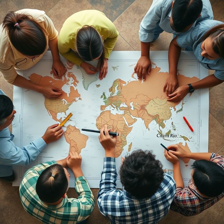 Pessoas analisando um mapa detalhado com ferramentas de medição.