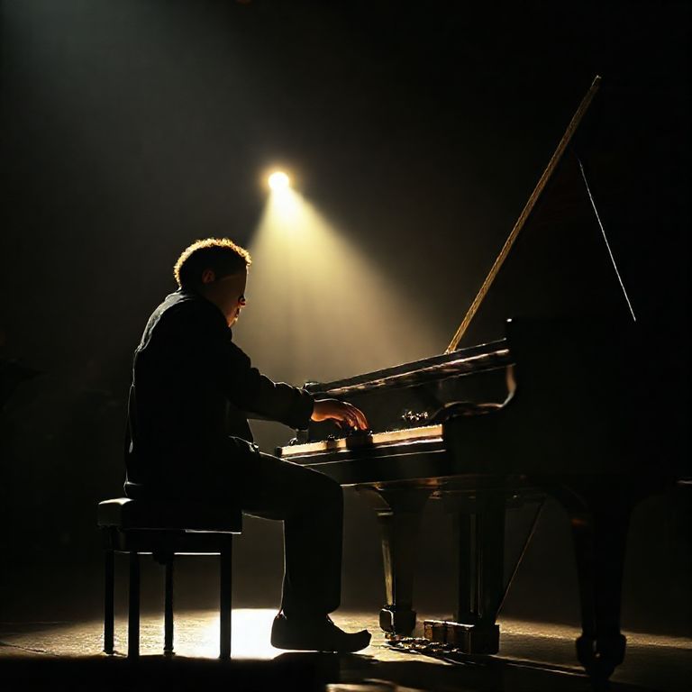 Pianista tocando em um piano de cauda durante um concerto.